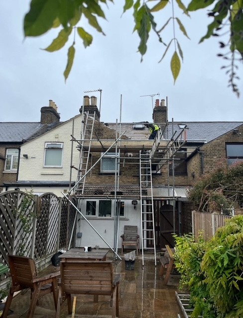 Residential roof and chimney repair project by roofing company in Maidenhead